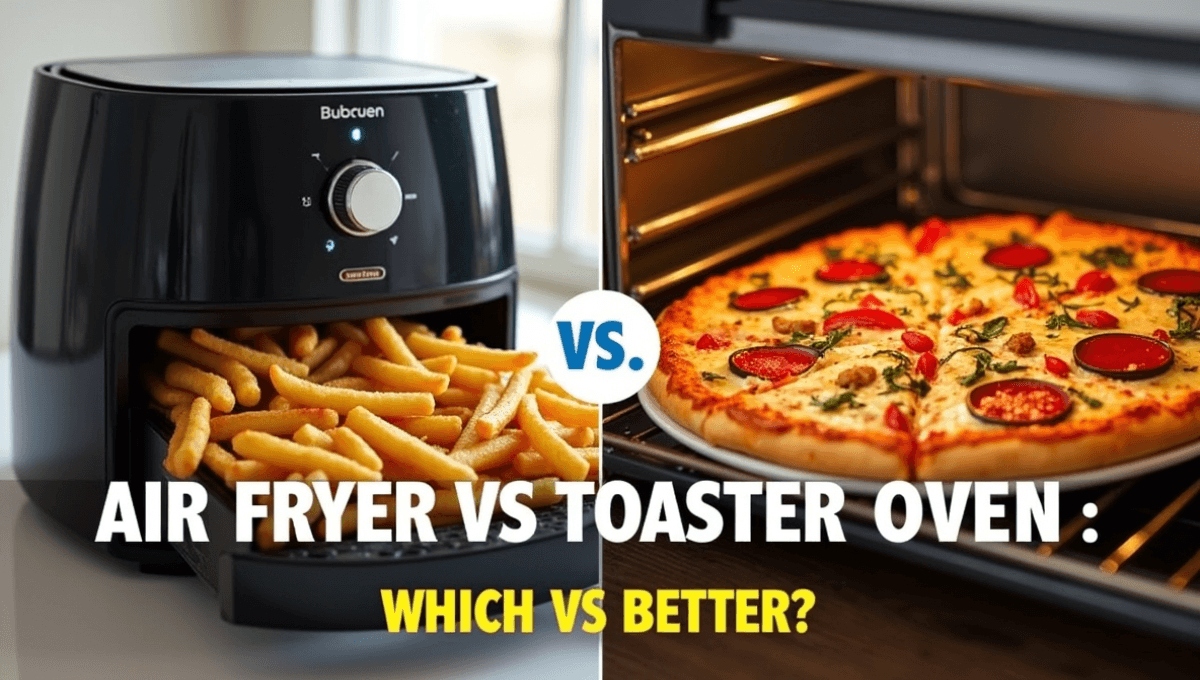Air fryer vs toaster oven comparison showing crispy fries in air fryer and pizza in toaster oven in a modern kitchen
