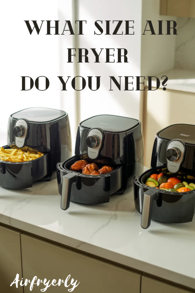 Air fryer size guide showing small medium and large air fryers with food capacity comparison on kitchen counter