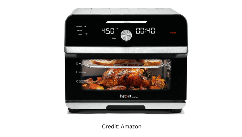 Instant Omni Plus toaster oven baking pizza and toast with even heating
