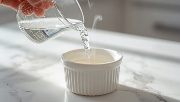 Pouring hot water into greased ceramic ramekin for air fryer poached egg