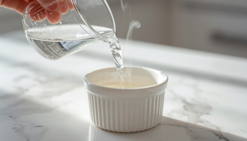 Pouring hot water into greased ceramic ramekin for air fryer poached egg