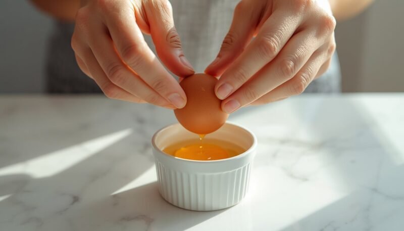 Cracking fresh egg into water filled ramekin to poach egg in air fryer