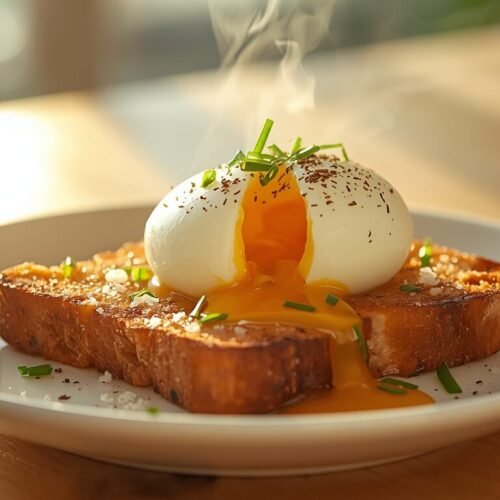 Perfectly poached egg with runny yolk on sourdough toast showing how long to poach an egg in air fryer