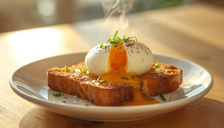 Perfectly poached egg with runny yolk on sourdough toast showing how long to poach an egg in air fryer