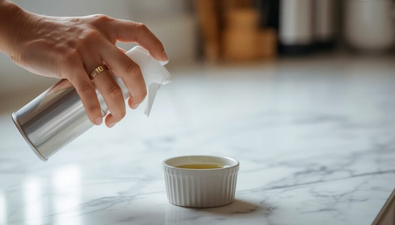 Spraying oil into ceramic ramekin before poaching egg in air fryer