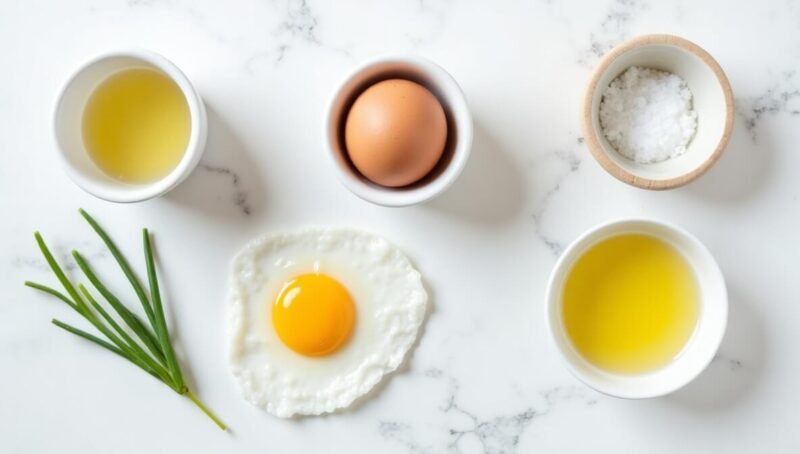 Ingredients and equipment needed to poach an egg in air fryer including ramekin egg and olive oil
