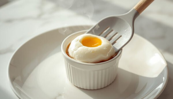 Sliding perfectly poached air fryer egg from ramekin onto white plate