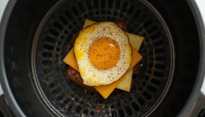 Sausage egg and cheese cooking in air fryer basket