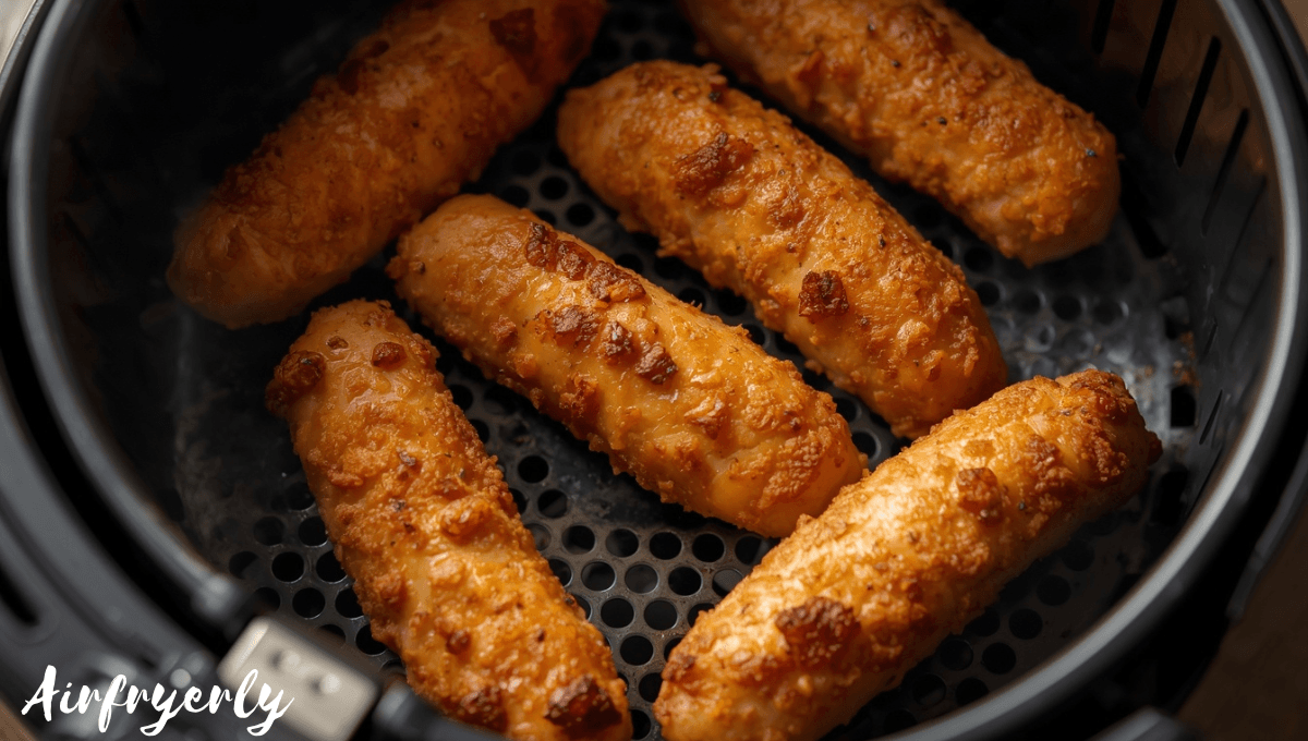 air fry chicken sausage in air fryer basket, golden and crispy