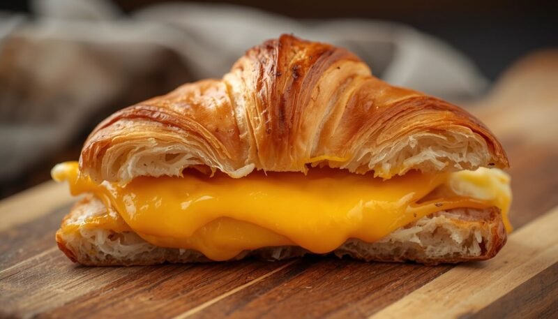 Cross section of air fryer Jimmy Dean croissant sandwich with melted cheese