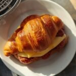 Jimmy Dean croissant sandwich air fryer recipe on a plate with melted cheese