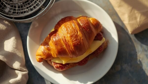 Jimmy Dean croissant sandwich air fryer recipe on a plate with melted cheese