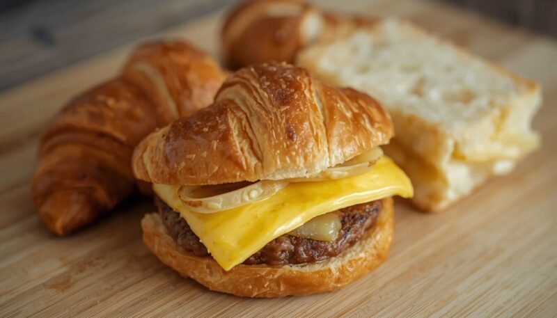 Jimmy Dean croissant sandwich separated into layers before air frying